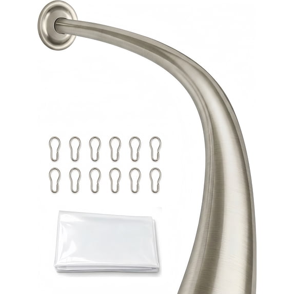 Shower Suite by Utopia Alley - Rustproof Aluminum Curved Shower Curtain Rod Combo Set with Liner & 12 Hooks, Adjustable 45-72 Inch Wall Mount Rod, Brushed Nickel Finish