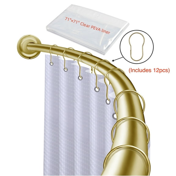 Utopia Alley Rustproof Wall Mounted Aluminum Single Curved Shower Curtain Rod, AdjustableShower Rod from 45" to 72", Expandable, Wall Mounted, Includes shower liner and shower hooks (Gold)