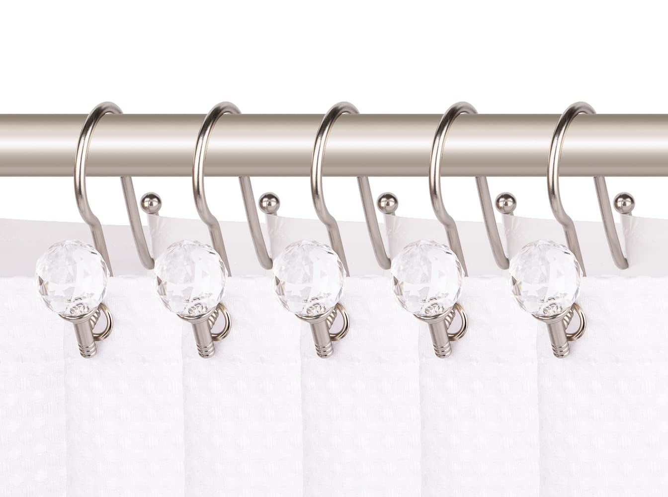 Utopia Alley  Rustproof Zinc Double Shower Curtain Hooks for Bathroom, Crystal Design, Set of 12 Brushed Nickel