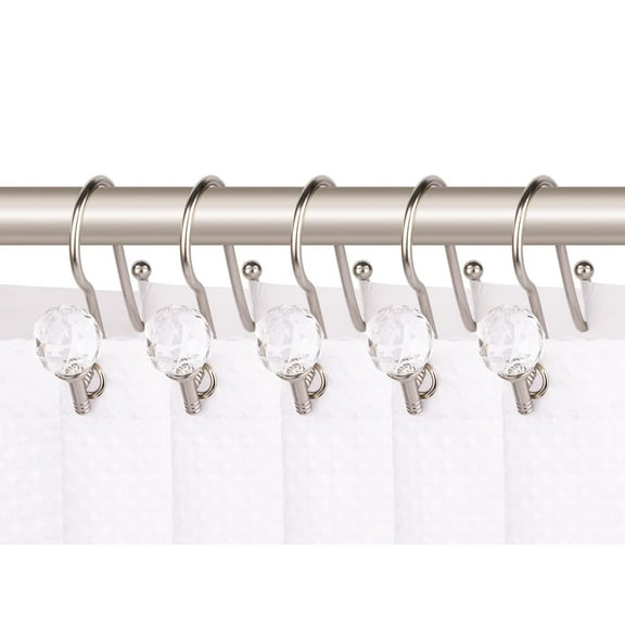 Utopia Alley  Rustproof Zinc Double Shower Curtain Hooks for Bathroom, Crystal Design, Set of 12 Brushed Nickel