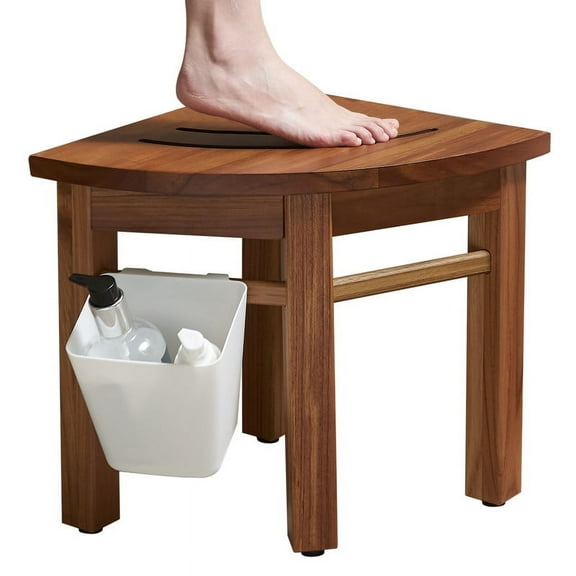 Utopia Alley 12'' Teak Shower Stool for Shaving Legs, Corner Shower Stool for Inside Shower, Waterproof Teak Shower Bench for Bathroom, Small Wood Shower Stool for Foot Rest, Indoor or Outdoor Use