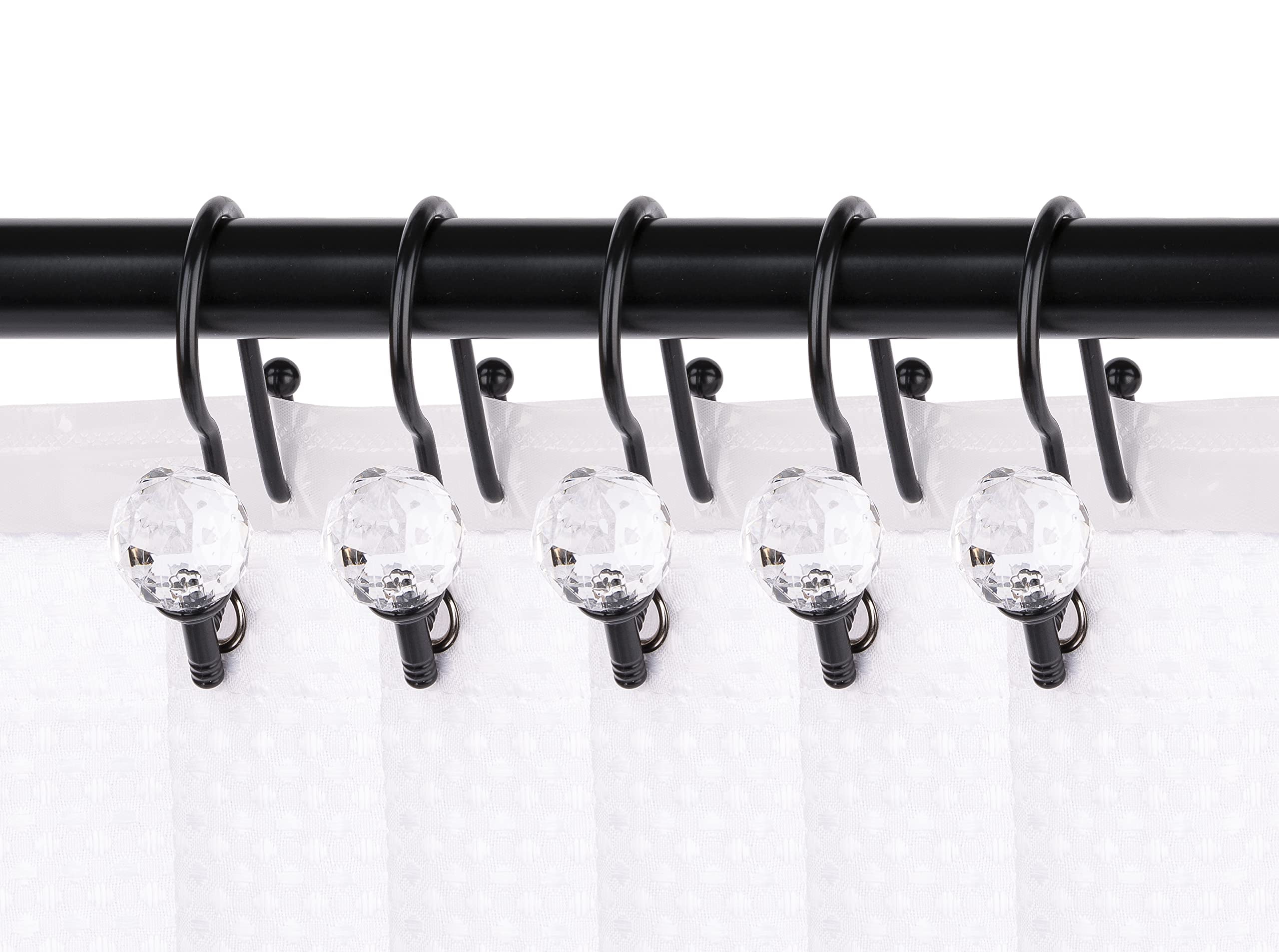 Matte Black Double Shower Curtain Hooks with Crystal Design