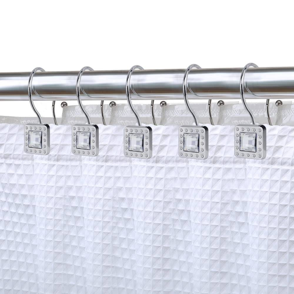 Utopia Alley Shower Hooks - Double Shower Curtain Rings for Bathroom - Rust Resistant Shower Curtain Hooks for Shower Curtain - Shower Curtain Rings with Crystal Design - Set of 12, Polished Chrome