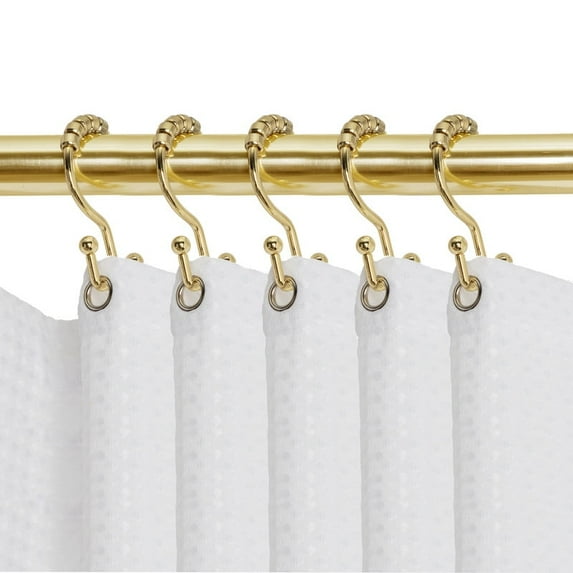 Utopia Alley Shower Hooks - Double Shower Curtain Rings for Bathroom - Rust Resistant Shower Curtain Hooks for Shower Curtain or Liner - Double Roller Shower Curtain Hooks - Set of 12, Gold