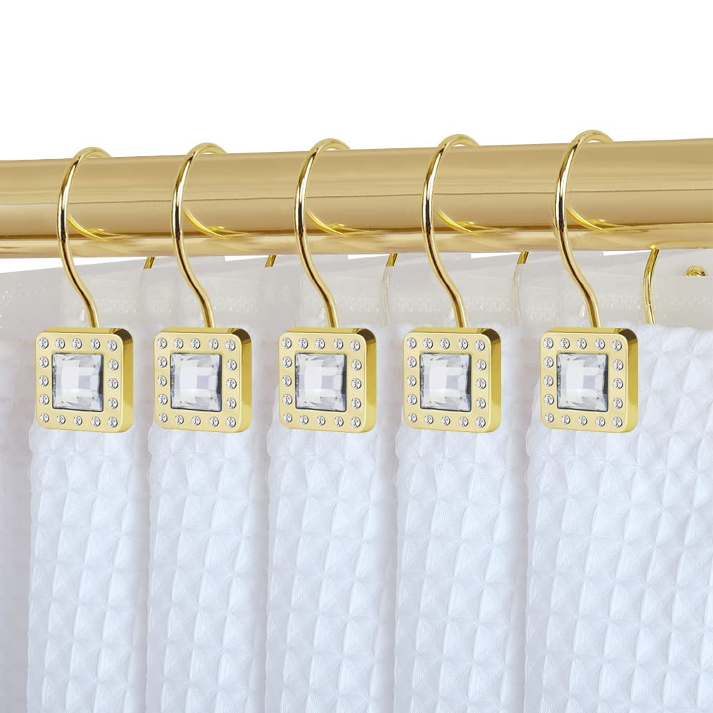 Utopia Alley Shower Rings, Double Shower Curtain Hooks for Bathroom, Rust Resistant Shower Curtain Hooks Rings, Crystal Design, Set of 12, Gold