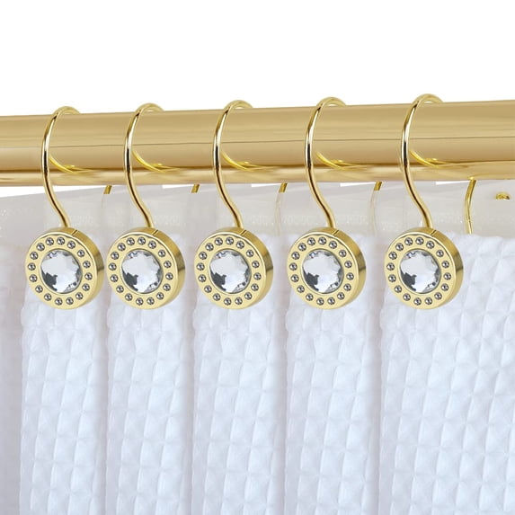 Utopia Alley Shower Rings, Double Shower Curtain Hooks for Bathroom, Rust Resistant Shower Curtain Hooks Rings, Crystal Design, Set of 12, Gold