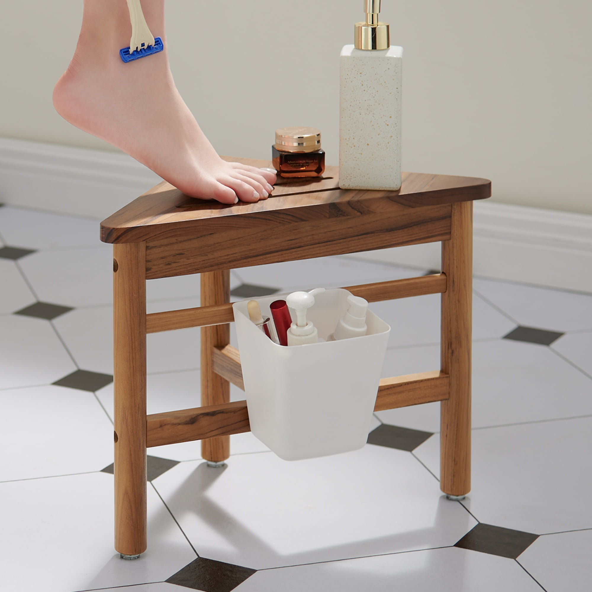 Small Teak Corner Shower Bench with Storage