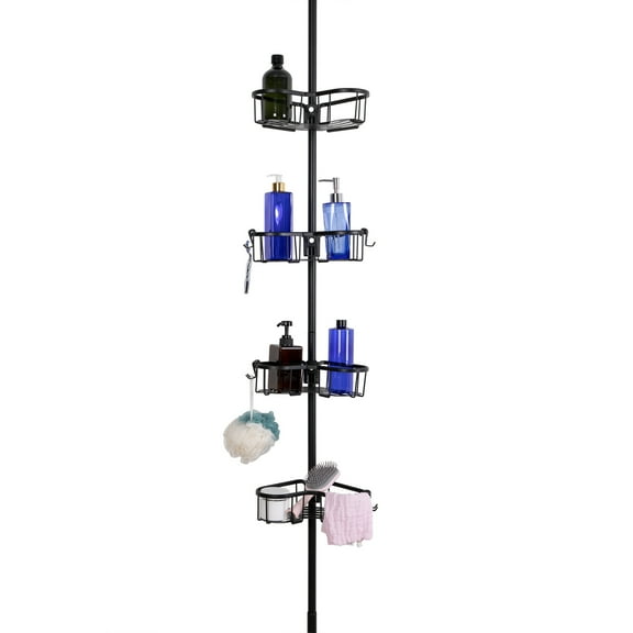 Utopia Alley  Tension Rod Shower Organizer, Rustproof Corner Shower Caddy with 4 Adjustable Shelves, Chrome & Matte Black Finish Black