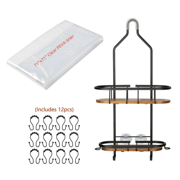 Utopia Alley Tia Rustproof Teak Overhead Shower Caddy with 2 Shelves - Decorative Shower Rack for Shampoo & Toiletries Storage - Includes Shower liner and shower hook, Matte Black Finish