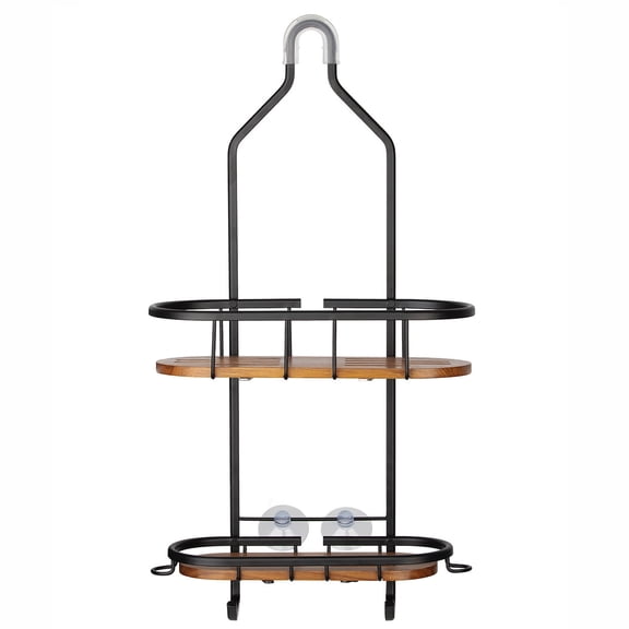 Utopia Alley Tia Rustproof Teak Overhead Shower Caddy with 2 Shelves, Hanging Shower Head Organizer, Chrome & Matte Black Finish Black with Teak