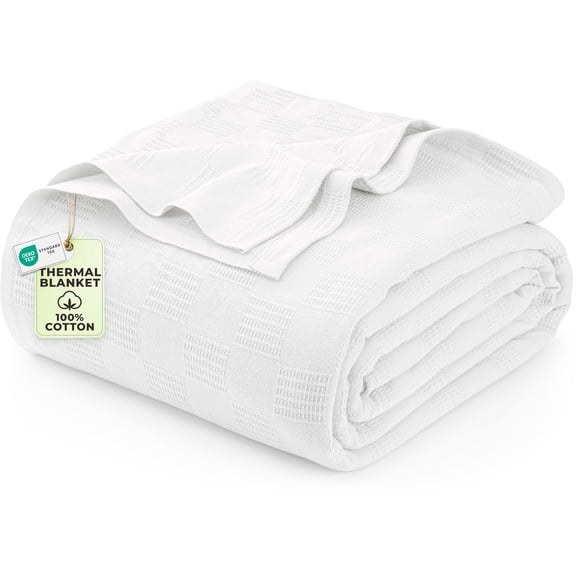 Utopia Bedding 100% Cotton Thermal Blanket White Twin Size Soft, Lightweight, Breathable, Cozy Spring and Summer Blanket for Couch and Sofa, Home Room Decor Gifts for Women and Men (90x72 Inches)