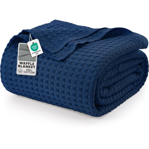 Utopia Bedding 100% Cotton Waffle Weave Blanket King Size for Bed - Lightweight, Breathable Summer Blankets Soft and Cozy, Gifts for Women Home Room Decor (Navy, 90x108 Inch)