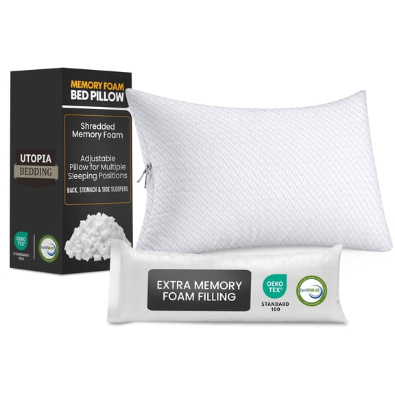 Utopia Bedding Shredded Memory Foam Pillows (Queen), Cooling Adjustable Bed Pillows for Sleeping with Washable Pillow Case, Back, Stomach and Side Sleeper Pillow, Plush and Supportive (1 Pack)