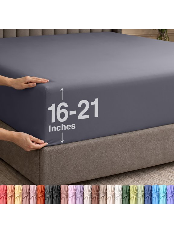 Extra Deep Pocket Queen Fitted Sheet, Fits up to 21 Inch Mattress - Hotel Luxury, Soft, Breathable and Comfy - Grey