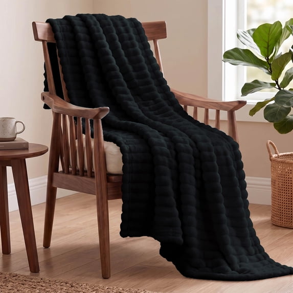 Utopia Bedding Fluffy Striped Fleece Blanket Black Throw, 50x60 Inches Warm, Lightweight, Ribbed, Soft, Cozy, Bed, Sofa, Chair, Home Decor, Gift
