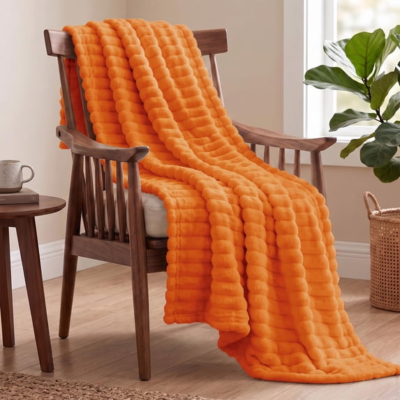 Utopia Bedding Fluffy Striped Fleece Blanket Burnt Orange Throw, 50x60 Inch Warm, Lightweight, Ribbed, Soft, Cozy, Bed, Sofa, Chair, Home Decor, Gift