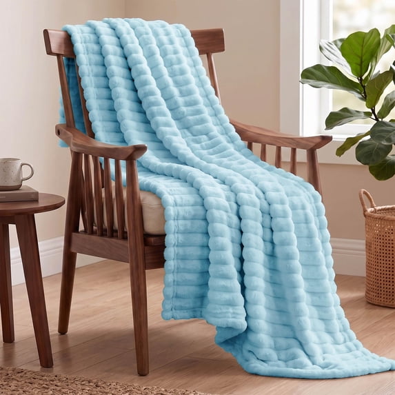 Utopia Bedding Fluffy Striped Fleece Blanket Washed Blue Throw, 50x60 Inch Warm, Lightweight, Ribbed, Soft, Cozy, Bed, Sofa, Chair, Home Decor, Gift