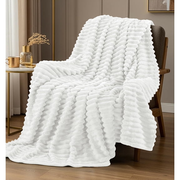Utopia Bedding Off White Striped Fleece Blanket Throw Size Fluffy, Warm & Lightweight Ribbed Throw for Bed, Sofa & Chair - Soft Cozy Blanket for Home Decor & Gifting (50x60 Inches)