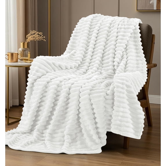 Utopia Bedding Off White Striped Fleece Blanket Throw Size Fluffy, Warm & Lightweight Ribbed Throw for Bed, Sofa & Chair - Soft Cozy Blanket for Home Decor & Gifting (50x60 Inches)