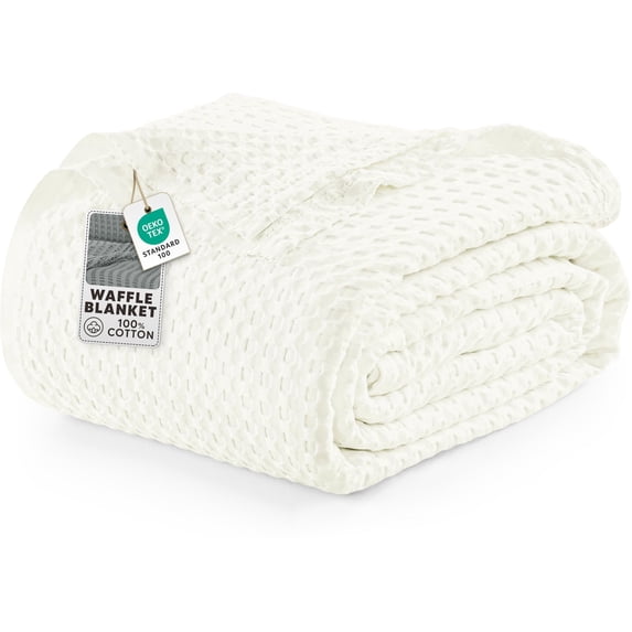 Utopia Bedding 100% Cotton Waffle Weave Blanket Queen Size for Bed - Lightweight, Breathable Summer Blankets Soft and Cozy, Gift for Mother’s Day Home Decor (Ivory, 90x90 Inch)
