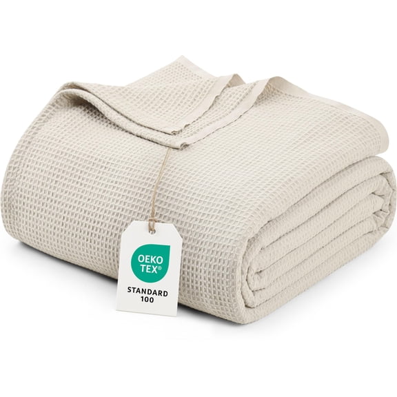 Utopia Bedding Khaki Waffle Blanket King Size Soft Lightweight Breathable Cotton Blend Bed Blanket for All Seasons Luxury Throws for Bed Couch and Sofa