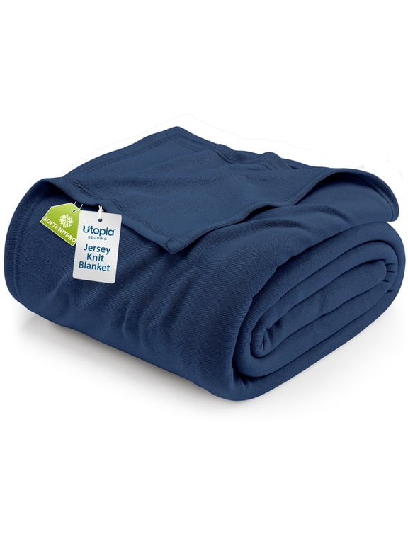 Knit Blanket Queen Size (90x90 Inches, Navy) Soft Lightweight Jersey Breathable Sweatshirt Blanket for Bed,Couch & Sofa