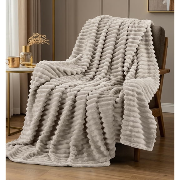 Utopia Bedding Linen Striped Fleece Blanket Throw Size – Fluffy, Warm & Lightweight Ribbed Throw for Bed, Sofa & Chair - Soft Cozy Blanket for Home Décor & Gifting (50x60 Inches)