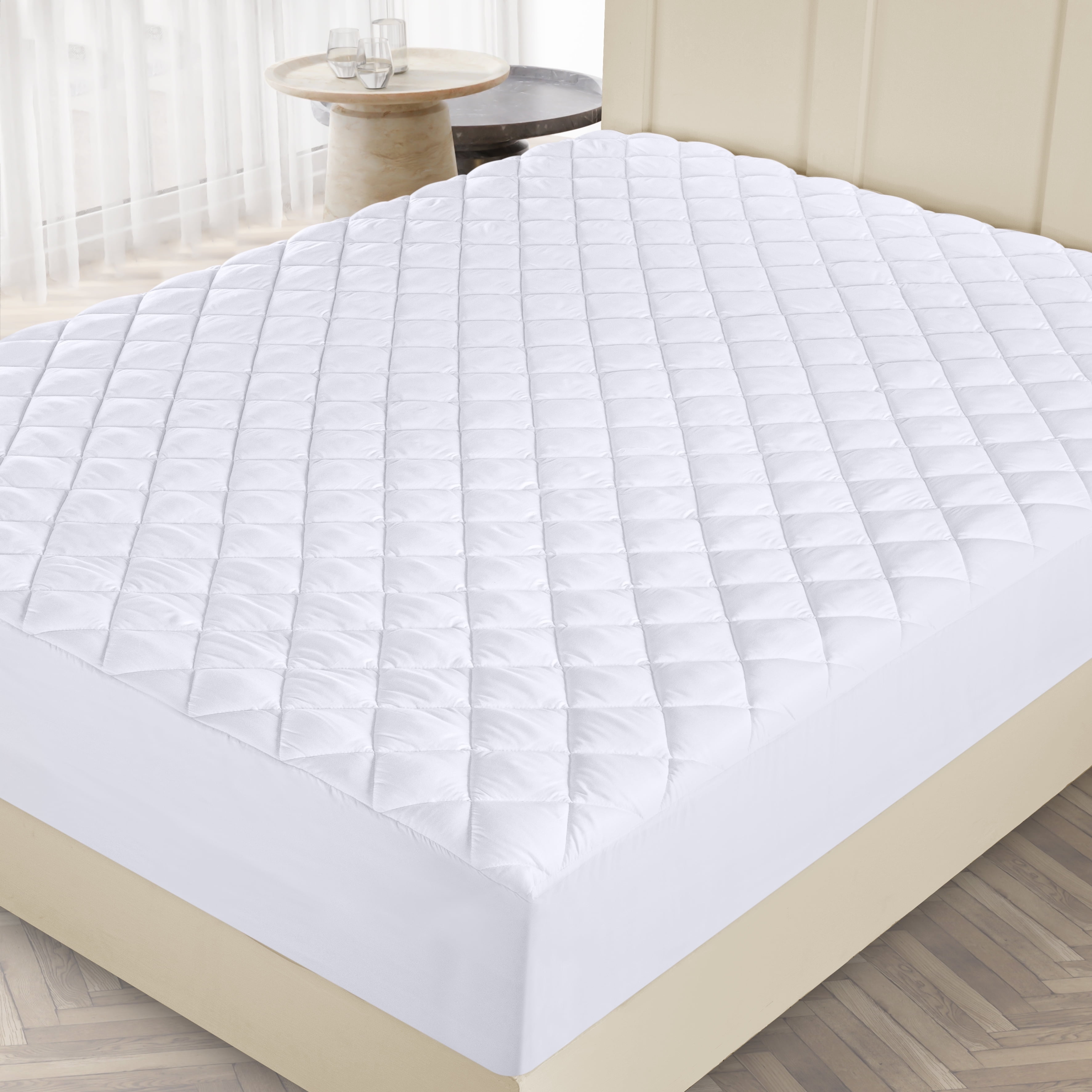 White Twin Quilted Microfiber Mattress Pad with Elastic Fitted Skirt