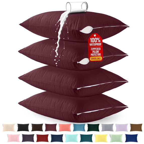Utopia Bedding Premium 100% Waterproof Pillow Protectors with Zipper Queen Size Set of 4, Bed Bug and Dust Mite Proof Zippered Pillow Covers, Pillow Encasement Cases, Burgundy