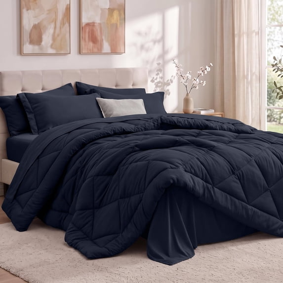 Utopia Bedding Queen Comforter Set, Bed in a Bag 7 Piece, Navy Diamond Quilted Bedding Set, Microfiber Fill, Comforter, Flat Sheet, Fitted Sheet, Pillowcase, Pillow Shams, Machine Washable