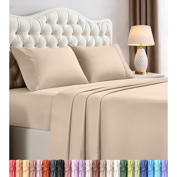 4 Piece Queen Deep Pocket Bed Sheet Set, 16 Inches, Premium Microfiber Sheets - Beige