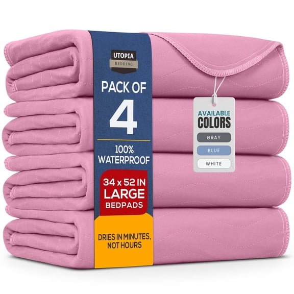Utopia Bedding Washable Underpads 34" x 52" (Pack of 4), Waterproof Reusable Heavy Absorbency Incontinence Bed Pads for Adults, Kids, Elderly and Pets, Bedwetting Pads for Sofa and Couch (Pink)
