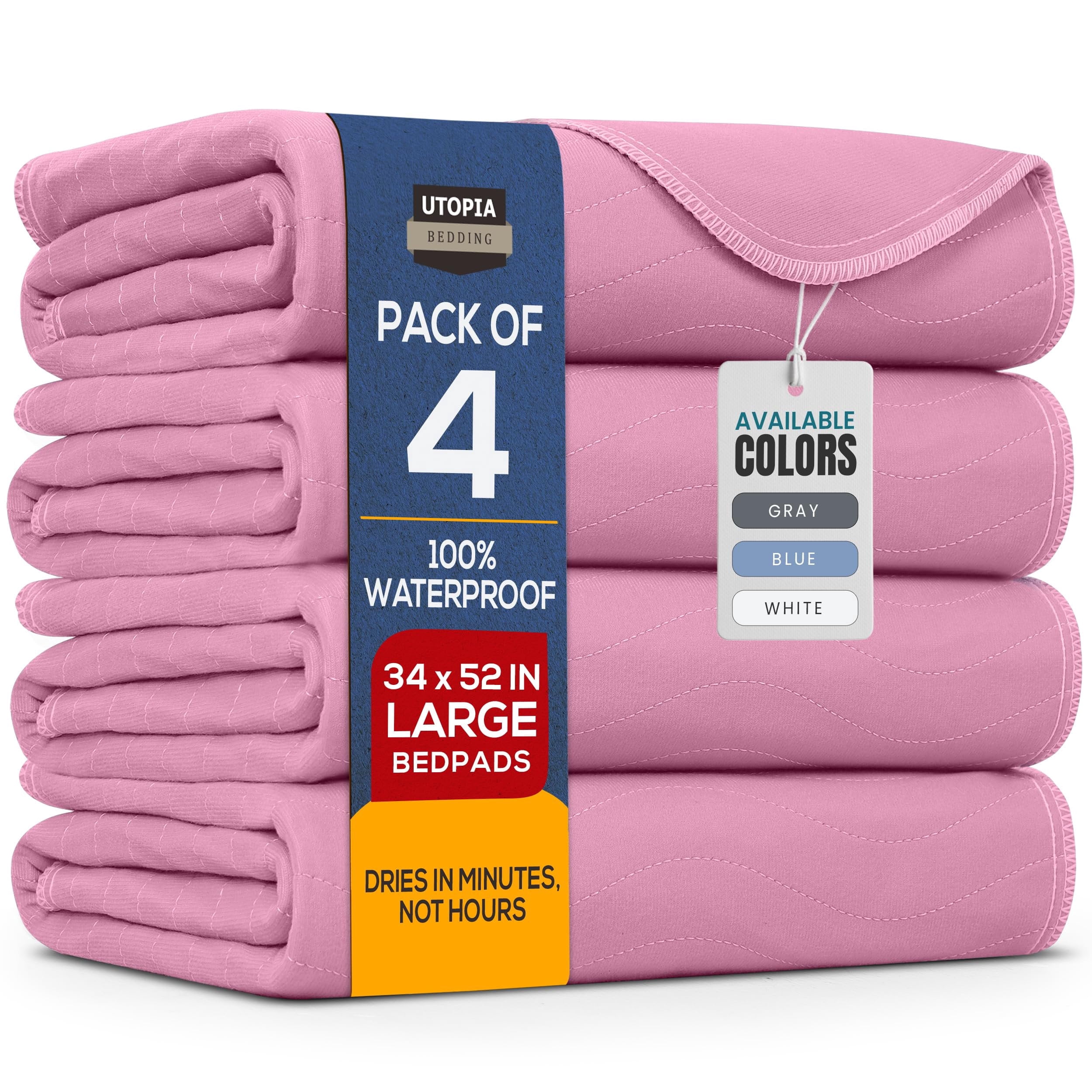 Utopia Bedding Washable Underpads 34" x 52" (Pack of 4), Waterproof Reusable Heavy Absorbency Incontinence Bed Pads for Adults, Kids, Elderly and Pets, Bedwetting Pads for Sofa and Couch (Pink)