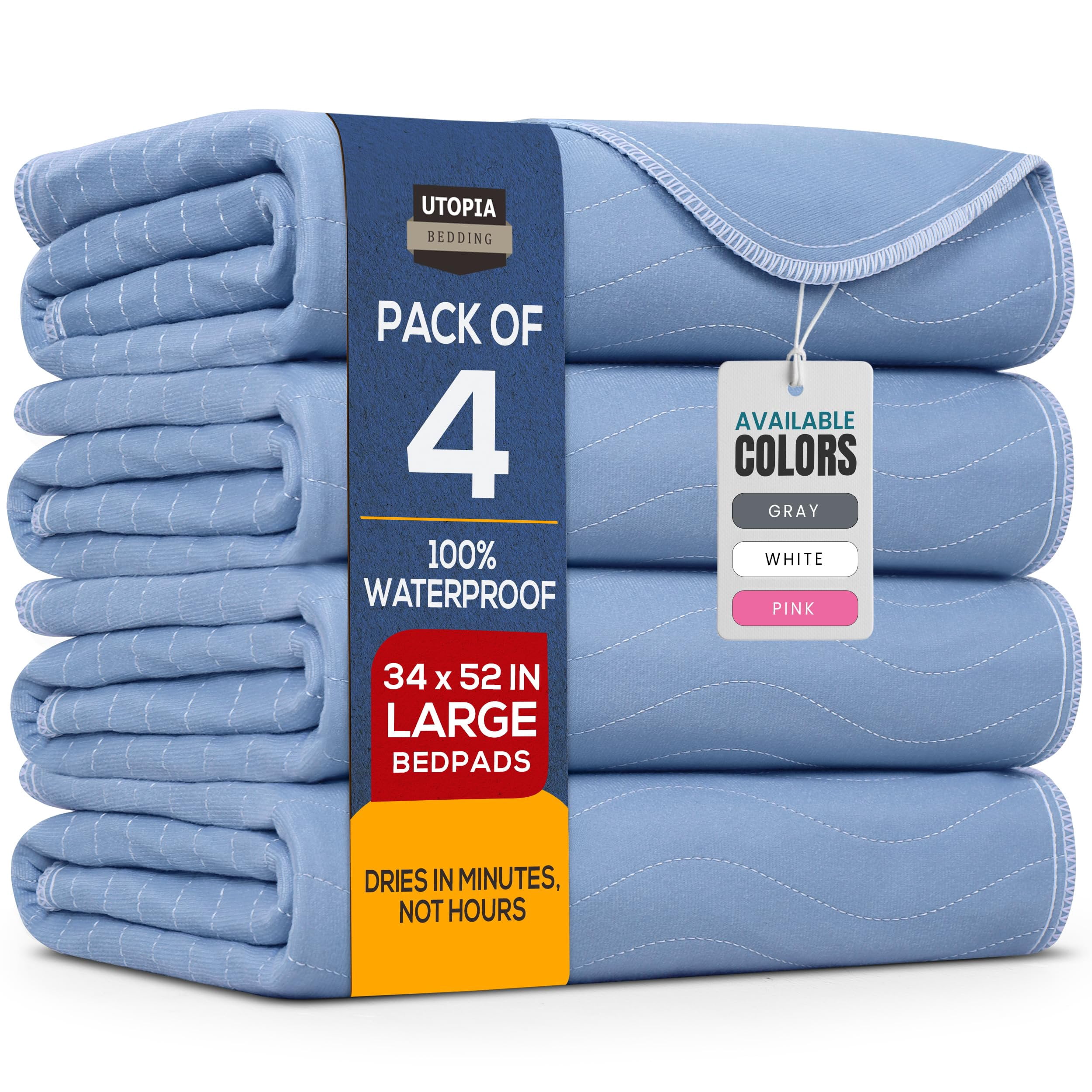 Utopia Bedding Washable Underpads 34" x 52" Pack of 4, Waterproof Reusable Heavy Absorbency Incontinence Bed Pads for Adults, Kids, Elderly and Pets, Bedwetting Pads for Sofa and Couch Blue