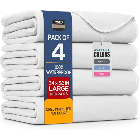 Utopia Bedding Washable Underpads 34" x 52" (Pack of 4), Waterproof Reusable Heavy Absorbency Incontinence Bed Pads for Adults, Kids, Elderly and Pets, Bedwetting Pads for Sofa and Couch (White)