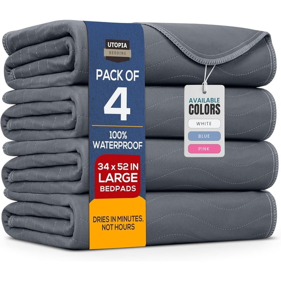 Utopia Bedding Washable Underpads 34" x 52" (Pack of 4), Waterproof Reusable Heavy Absorbency Incontinence Bed Pads for Adults, Kids, Elderly and Pets, Bedwetting Pads for Sofa and Couch (Grey)