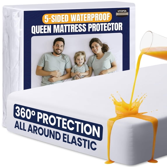 Utopia Bedding Waterproof 5-Sided Mattress Protector Queen Size, Premium Breathable Mattress Cover, Fitted Style with Stretchable Pockets (White)