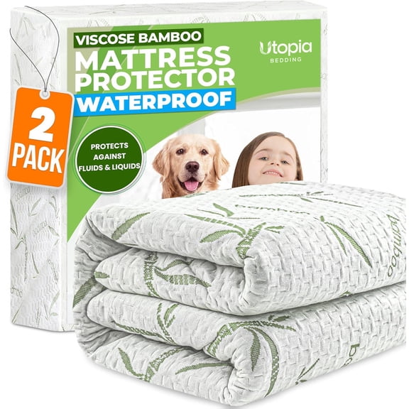Utopia Bedding Waterproof Mattress Protector Full Size (Pack of 2), Premium 200 GSM Bamboo Viscose Cooling Mattress Cover, Fitted Style with 15 Inches Deep Stretchable Pockets