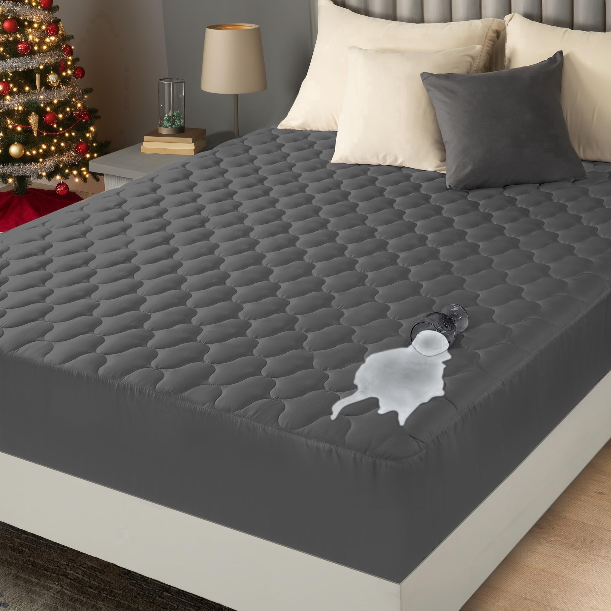 Utopia Bedding Waterproof Mattress Protector, Queen Mattress Pad, Noiseless Quilted Fitted Cover with Deep Pocket Stretches up to 16 Inches (Grey)