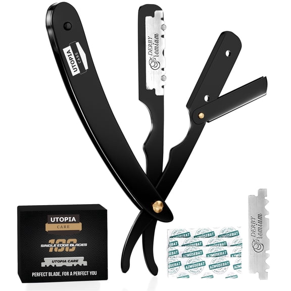 Utopia Care Professional Straight Razor for Men, Barber Straight Edge Razor Safety with 100 Pack Blades, Black