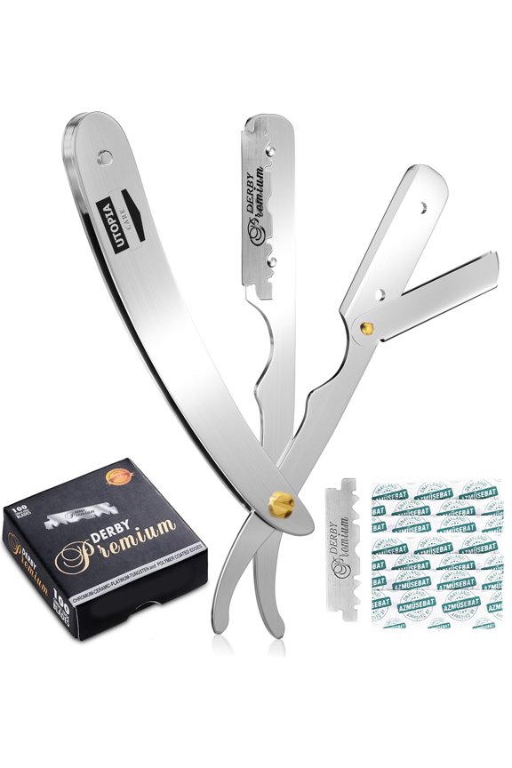 Straight Razor for Men, Safety Straight Edge Razor, Includes 100 Blades, Silver