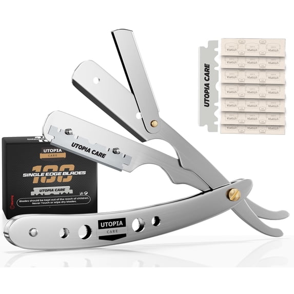 Utopia Care Professional Barber Straight Edge Razor Safety with 100 Pack Blades, Silver