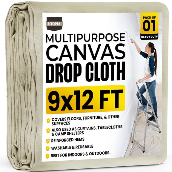 Utopia Drop Cloth for Painting 9x12 ft, 1 Pack Washable and Reusable Drop Cloth for Painting, Furniture & Floor Protection Highly Absorbent Paint Cover - Thick Canvas Tarp for Outdoor and Indoor Use