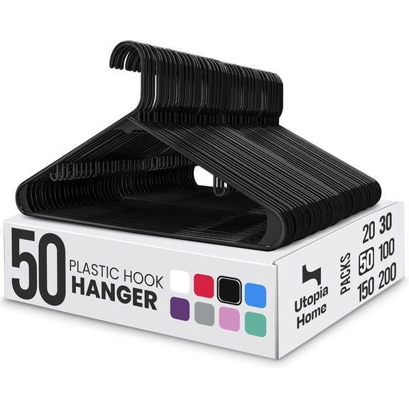 Utopia Home Plastic Hangers 50 Pack – Built-in Strap Hooks Black | Space saving | Durable & strong | Closet organizer | Clothes hangers | Ideal for shirts, pants, skirts & coats