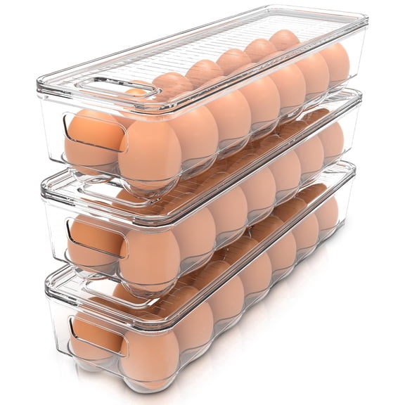 Utopia Home Egg Container With Lid and Handle for Refrigerator Organization- Pack of 3 - Clear Stackable Egg Holder for Kitchen or Pantry Organizers and Storage