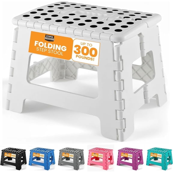 Utopia Home Folding Step Stool with Handle – 9 Inch Anti Slip Collapsible Stool – Holds Up to 300 lbs – Sturdy Plastic Step Stool Foldable for Kitchen, Bathroom and Home Use (1-Pack, White)