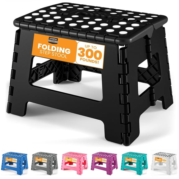 Utopia Home Folding Step Stool with Handle  9 Inch Anti Slip Collapsible Stool  Holds Up to 300 lbs  Sturdy Plastic Step Stool Foldable for Kitchen, Bathroom and Home Use 1-Pack, Black