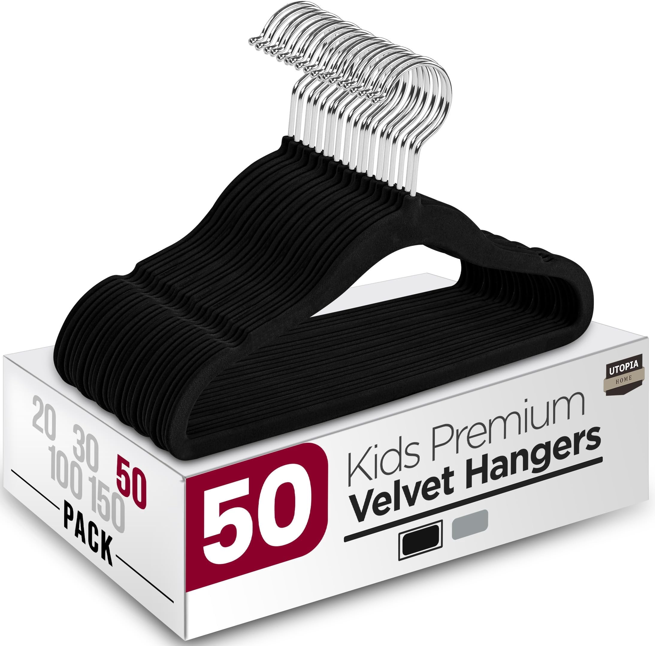 Utopia Home Kids Velvet Hangers 50 Pack  11 Inch Non-Slip Baby Hangers for Baby and Toddlers, Durable Ultra-Slim Space-Saving Closet Organizers Black