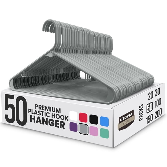 Utopia Home Plastic Hangers 200 Pack - Clothes Hanger with Hooks - Durable & Space Saving Grey