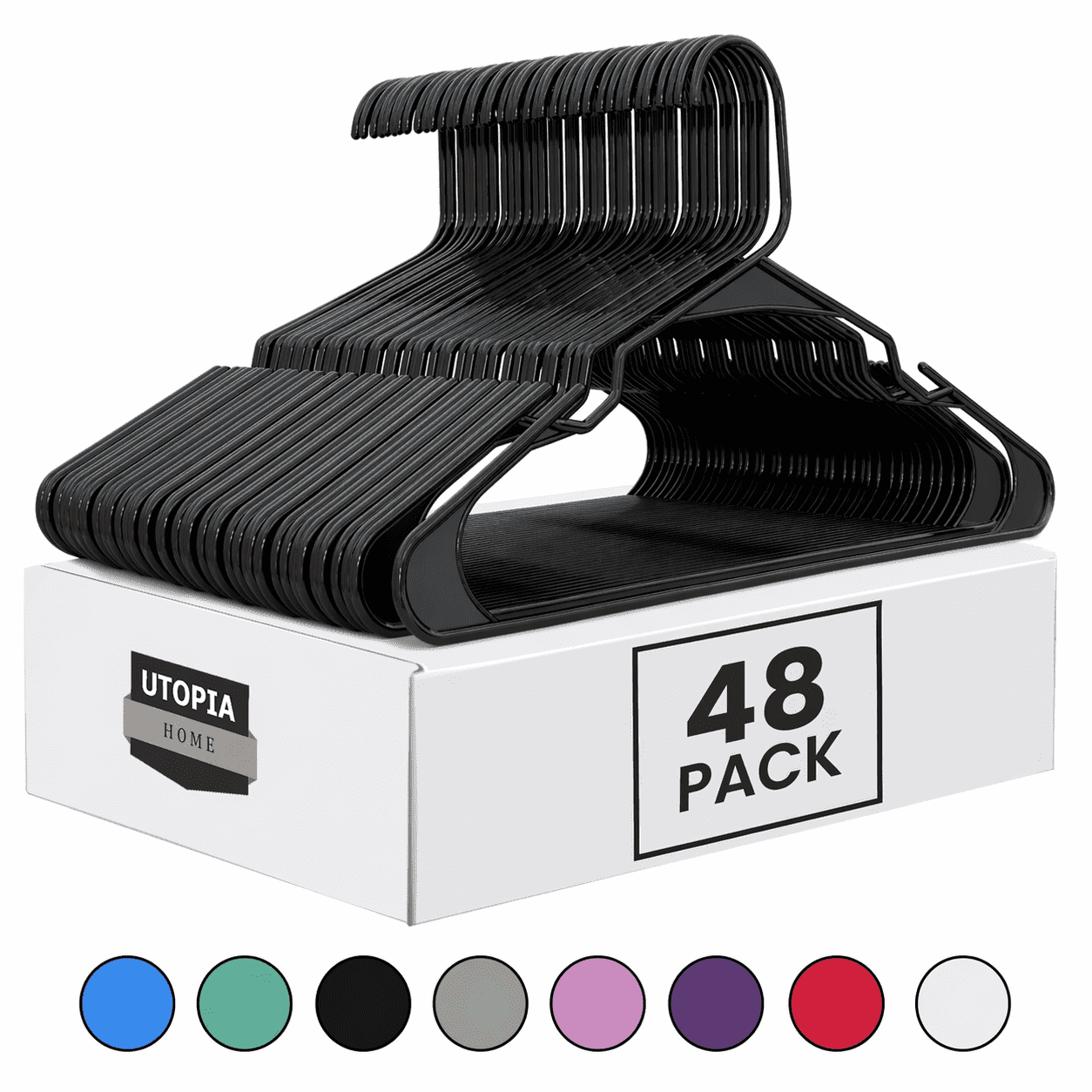 Utopia Home Plastic Hangers 48 Pack, Space-Saving Clothes Hangers with Non-Slip Shoulder Grooves for Strappy Clothes, Ideal for Home Closet Organization and Warddrobe Solutions (Black)